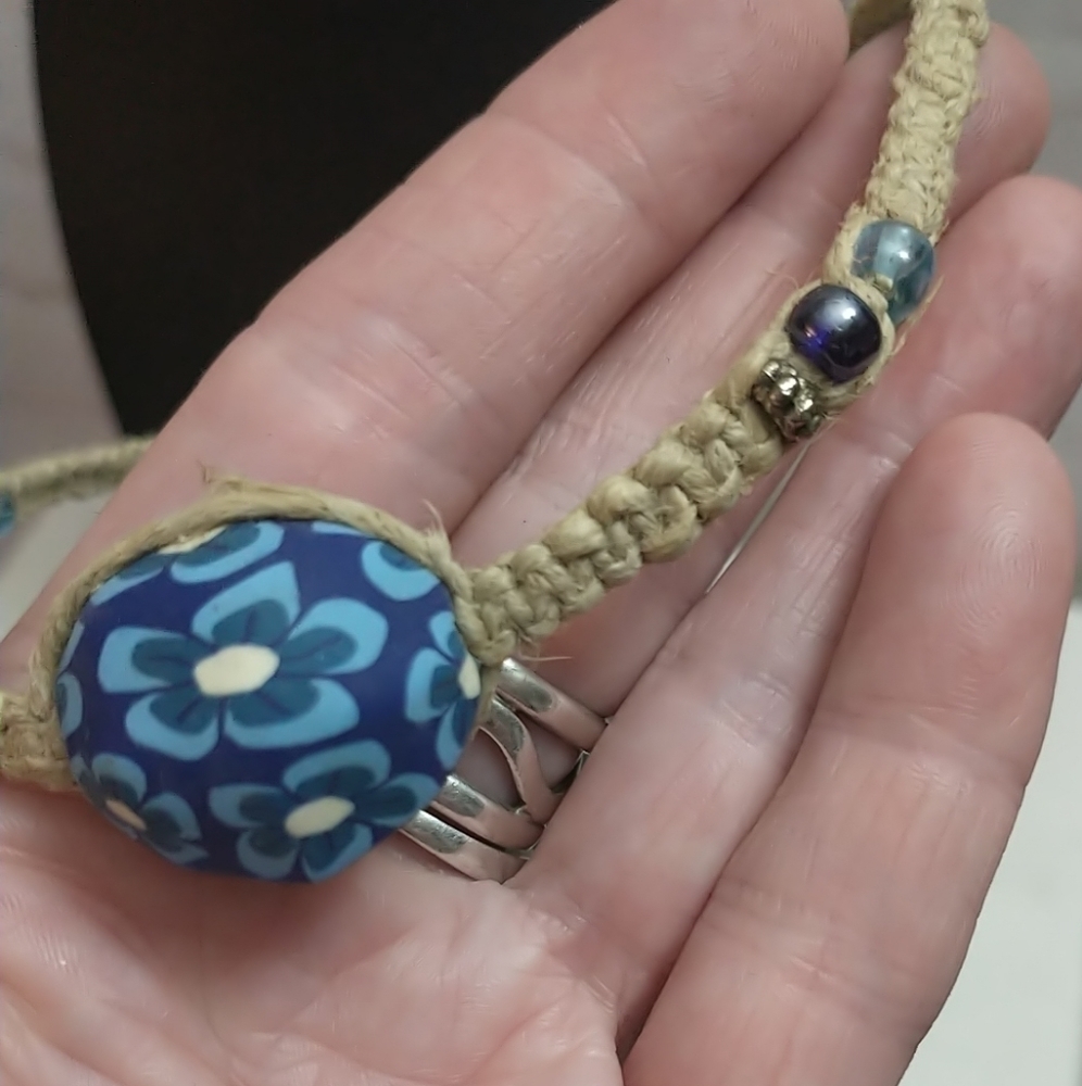 Handmade Hippie Boho Hemp Choker Necklace Blue Flower Milefiori Fimo Clay Bead - Picture 4 of 6